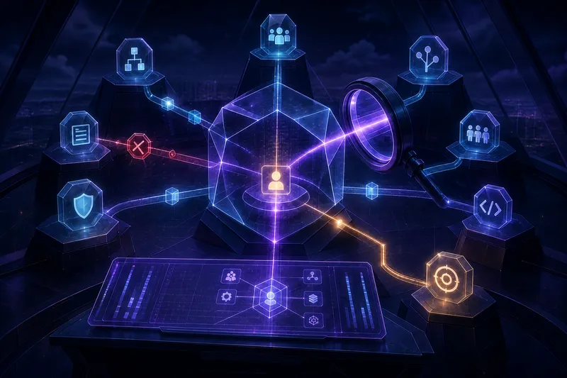 Blocked and unexpected access paths converge on a protected record inside a violet-lit forensic security observatory