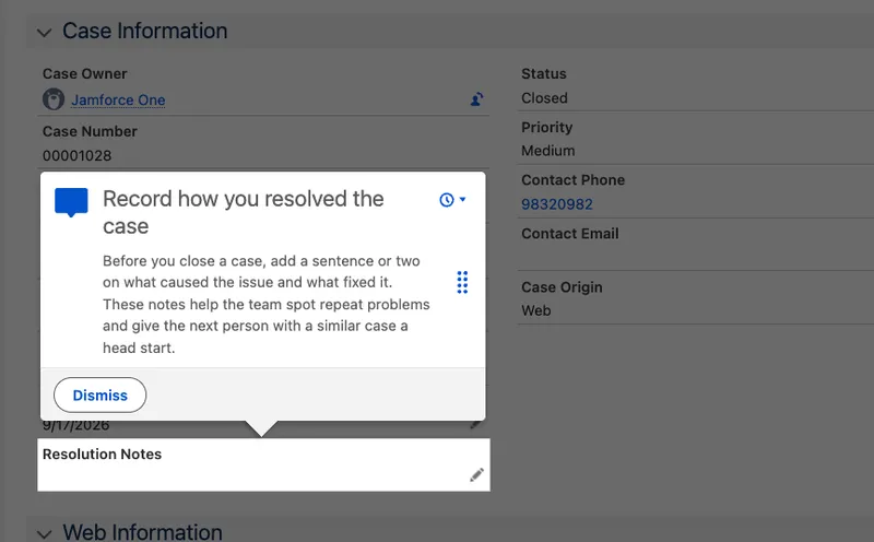 A targeted In-App Guidance prompt on the Details tab of a closed Case, pointing at the Resolution Notes field. Titled Record how you resolved the case, it asks for a sentence or two on what caused the issue and what fixed it before closing, and explains that the notes help the team spot repeat problems and give the next person with a similar case a head start. It has a Dismiss button and a snooze icon