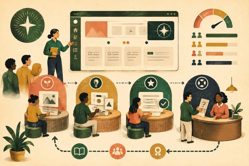 An administrator guides users through practical learning stages from introduction to confident use and ongoing support