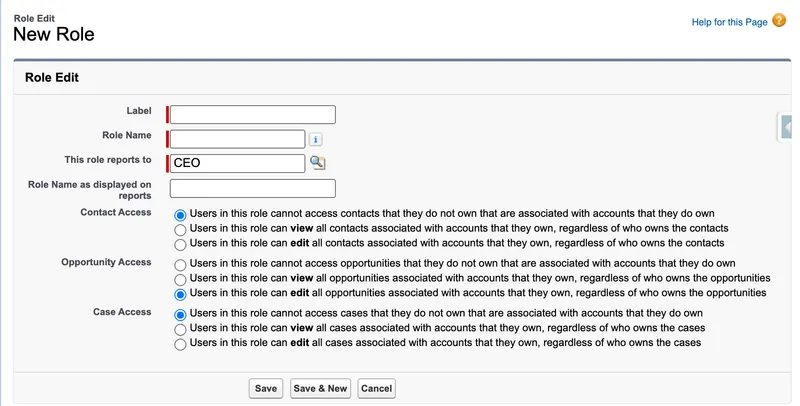 Role Edit page setting child implicit access separately for contacts, opportunities, and cases associated with accounts owned by users in the role