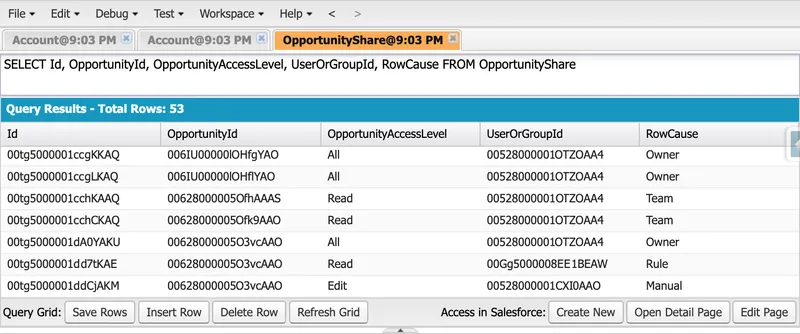 Developer Console query results for SELECT Id, OpportunityId, OpportunityAccessLevel, UserOrGroupId, RowCause FROM OpportunityShare, returning 53 rows. Access levels of All, Read, and Edit appear alongside RowCause values of Owner, Team, Rule, and Manual, showing several sharing mechanisms writing into the same share table.