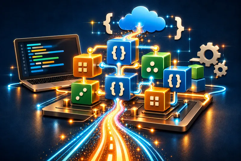 Connected code modules on a circuit platform beside a laptop, with a glowing path leading to a cloud