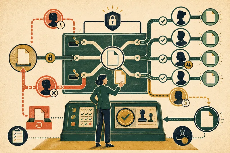 An administrator manages a document through conditional human review paths, approvals, rejection, locking, and recovery
