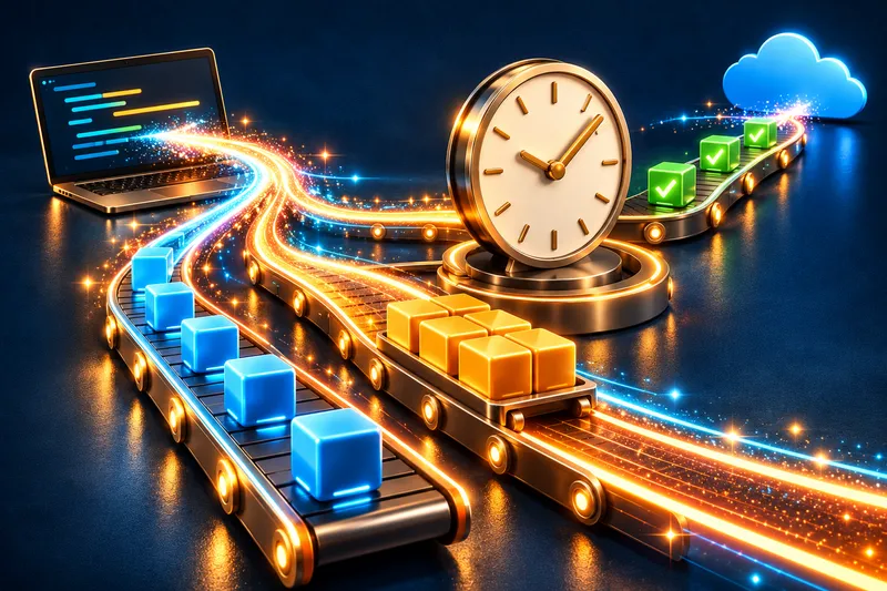 Separate tracks carry queued tasks and grouped work past a clock towards completed jobs and a cloud