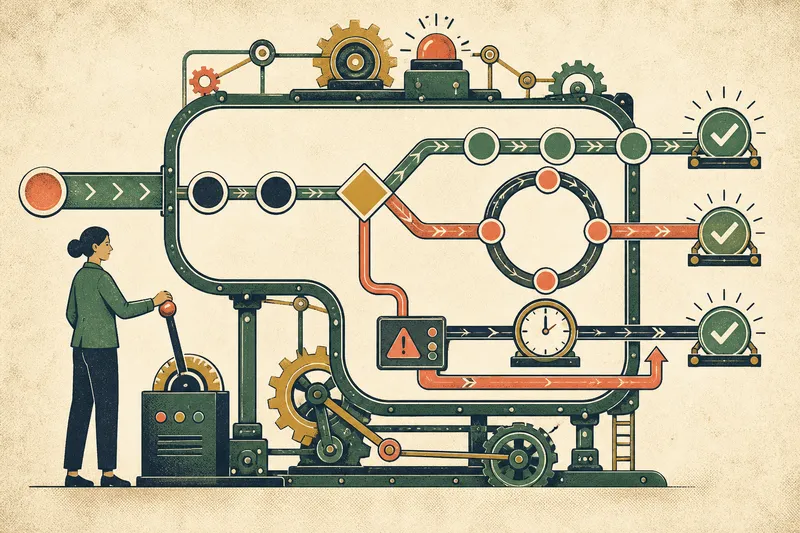 An administrator operates a routing machine with branching paths, loops, timing, error handling, and completed outcomes