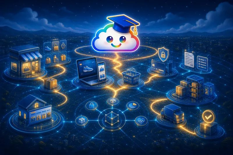 Jimmy Cloud above a connected commerce journey from catalogue and storefronts through checkout, orders, inventory, fulfilment, and delivery