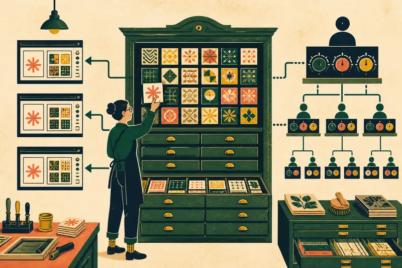 An administrator selects reusable configuration tiles from a central pattern library connected to shared and hierarchical settings