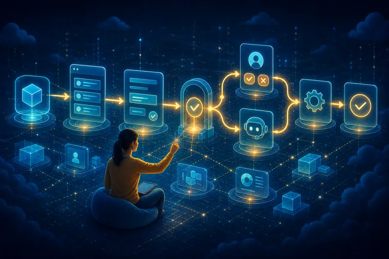 A learner builds an equipment request workflow from object and form through validation, approval, automation, and completion