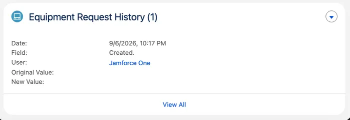 The record's history panel listing a single entry, Created, with no approval or status changes after the import