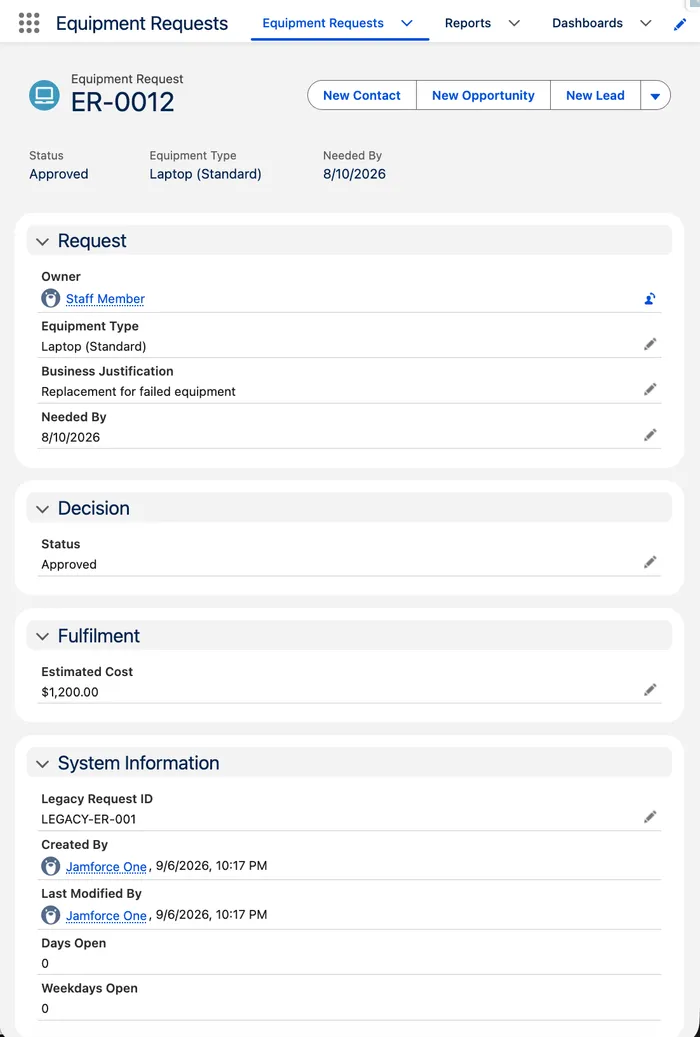 The imported Equipment Request record, showing Legacy Request ID LEGACY-ER-001, Status Approved, Needed By 10 August 2026, Estimated Cost $1,200.00, and Days Open and Weekdays Open both reading zero