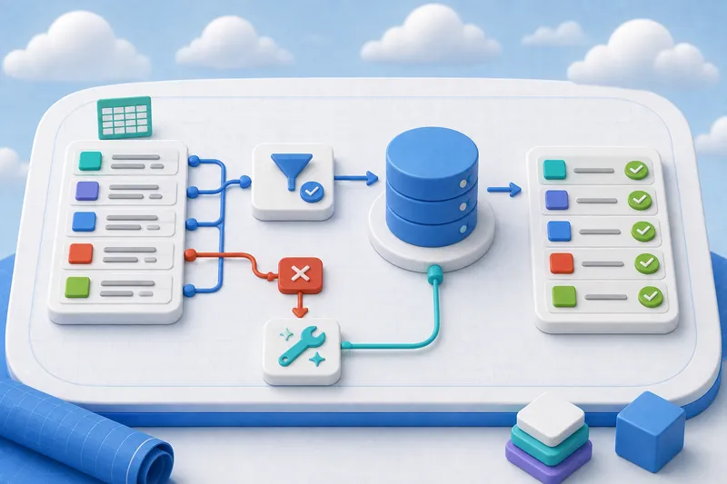 Five data rows move through validation into a database, while one failed row is corrected before all five are checked