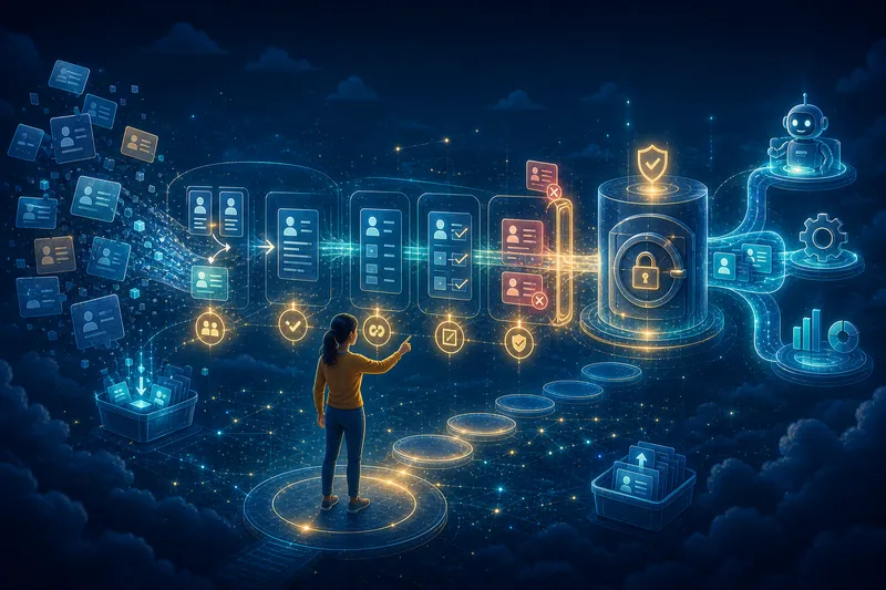 A data steward guides messy records through deduplication, validation, secure backup, automation, and analytics