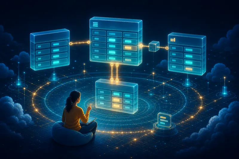 A learner studies glowing object tables joined by lookup, master-detail, and junction relationships