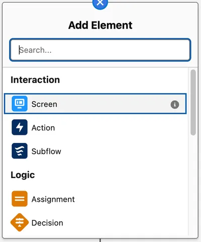 Auto-layout Add Element menu listing interaction and logic elements