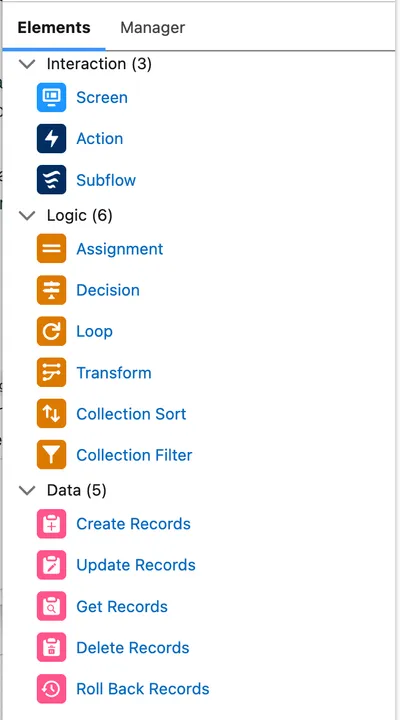 Free-form Flow Builder Elements palette grouping interaction, logic, and data elements