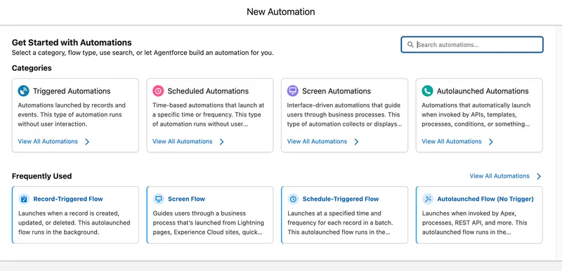 New Automation screen grouping triggered, scheduled, screen, and autolaunched automation categories