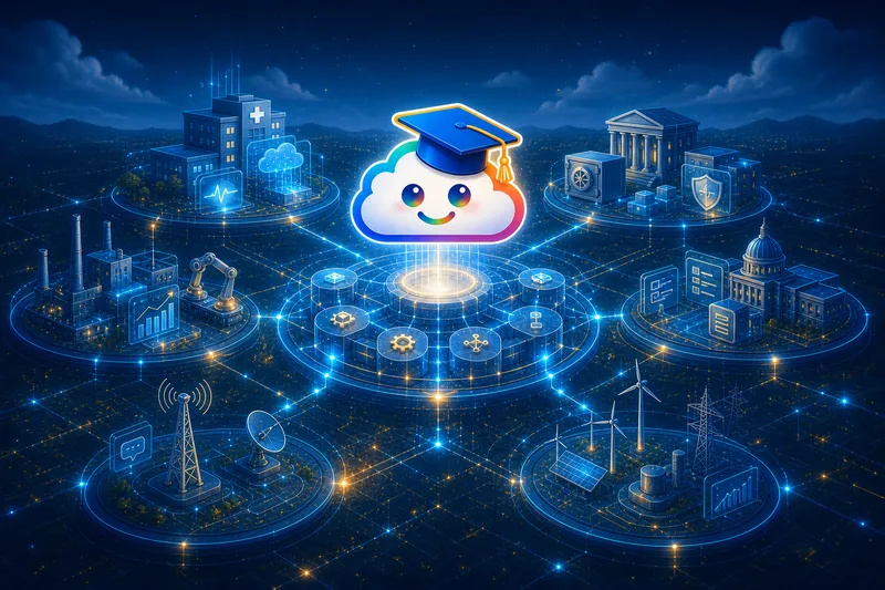 Jimmy Cloud above a shared platform foundation connected to specialised healthcare, finance, manufacturing, public sector, communications, and energy solutions