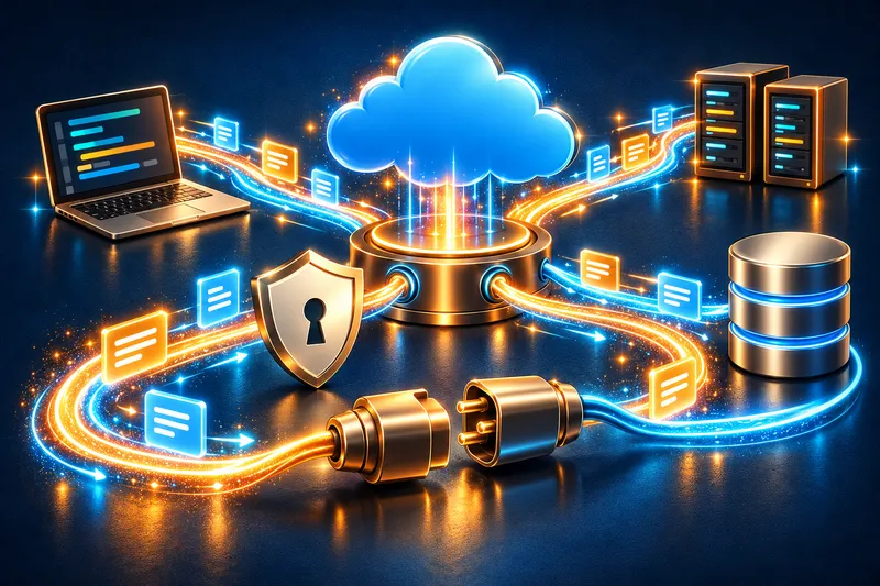 A cloud connection hub exchanges record tiles with a laptop, database and servers beside a security shield