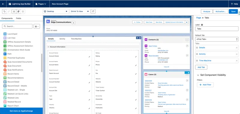 Lightning App Builder editing a New Account Page with the component palette, page canvas, and Tabs properties panel