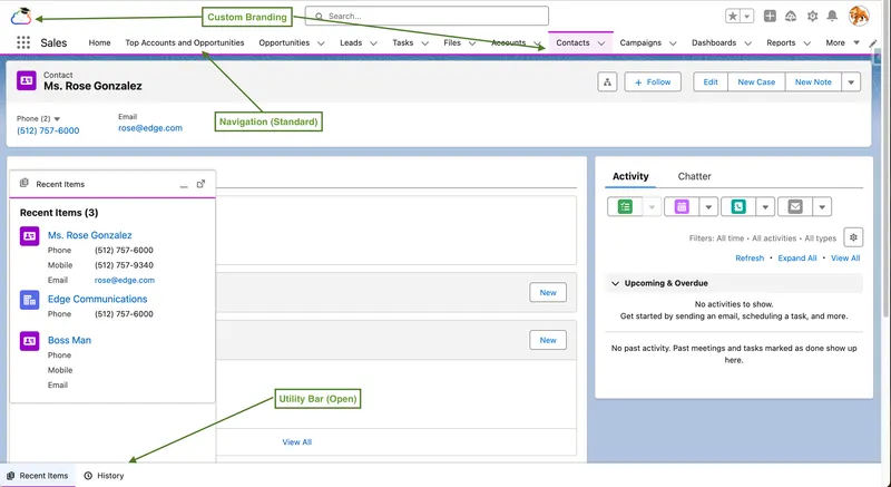 Annotated Lightning Sales app showing custom branding, standard navigation, and an open utility bar on a Contact record