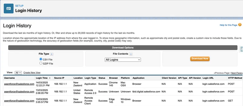 Salesforce Login History showing CSV download options and recent login details including source IP, location, type, status, browser, and platform