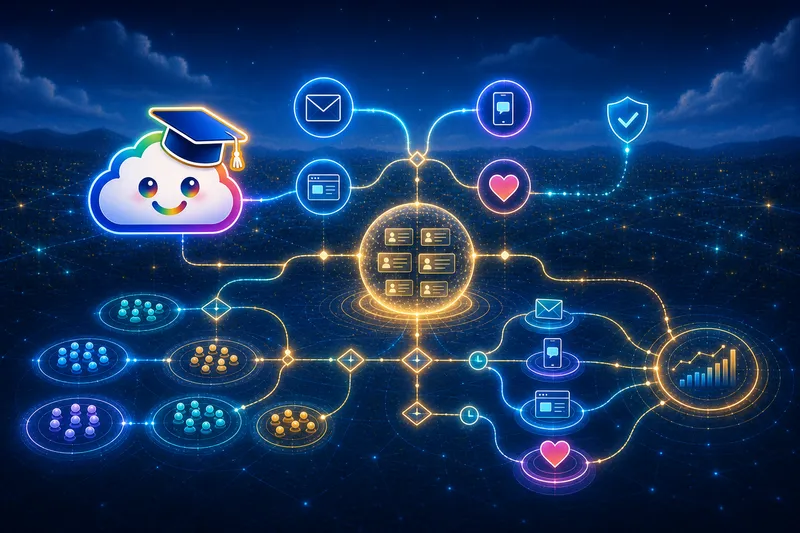 Jimmy Cloud beside a marketing journey that segments customer data and coordinates email, mobile, web, consent, engagement, and measurement