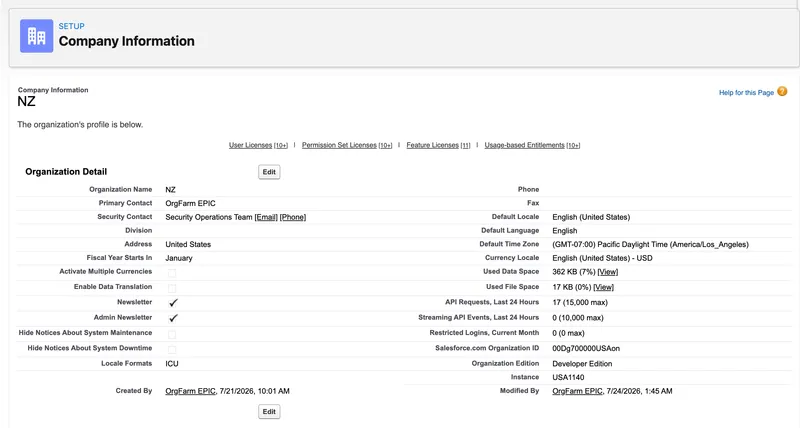Salesforce Company Information page showing Organization Name, Primary Contact, Fiscal Year Starts In, an unticked Activate Multiple Currencies checkbox, Locale Formats set to ICU, and the default locale, language, time zone, and currency locale all set to United States values