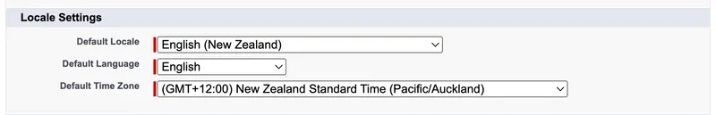 Locale Settings on Company Information with Default Locale set to English (New Zealand), Default Language to English, and Default Time Zone to (GMT+12:00) New Zealand Standard Time (Pacific/Auckland)