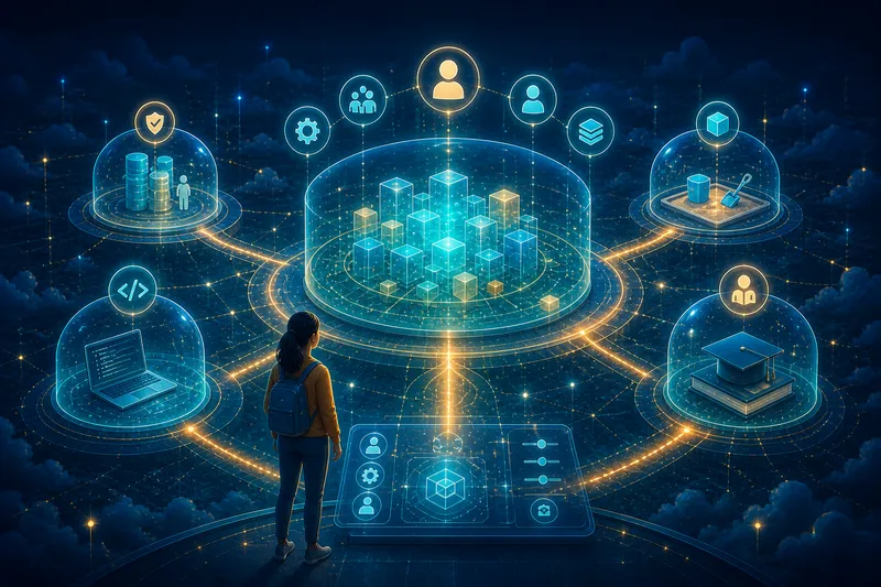 A learner studies a central cloud platform hub connected to protected production, development, and learning environments, with licence and setup symbols