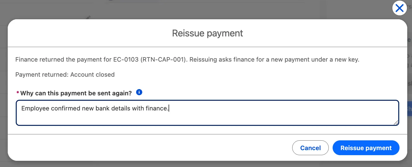 The Reissue payment action for claim EC-0103. It shows finance's return reference RTN-CAP-001 and reason 'Payment returned: Account closed', a required reason the support user has entered, and the Cancel and Reissue payment buttons.