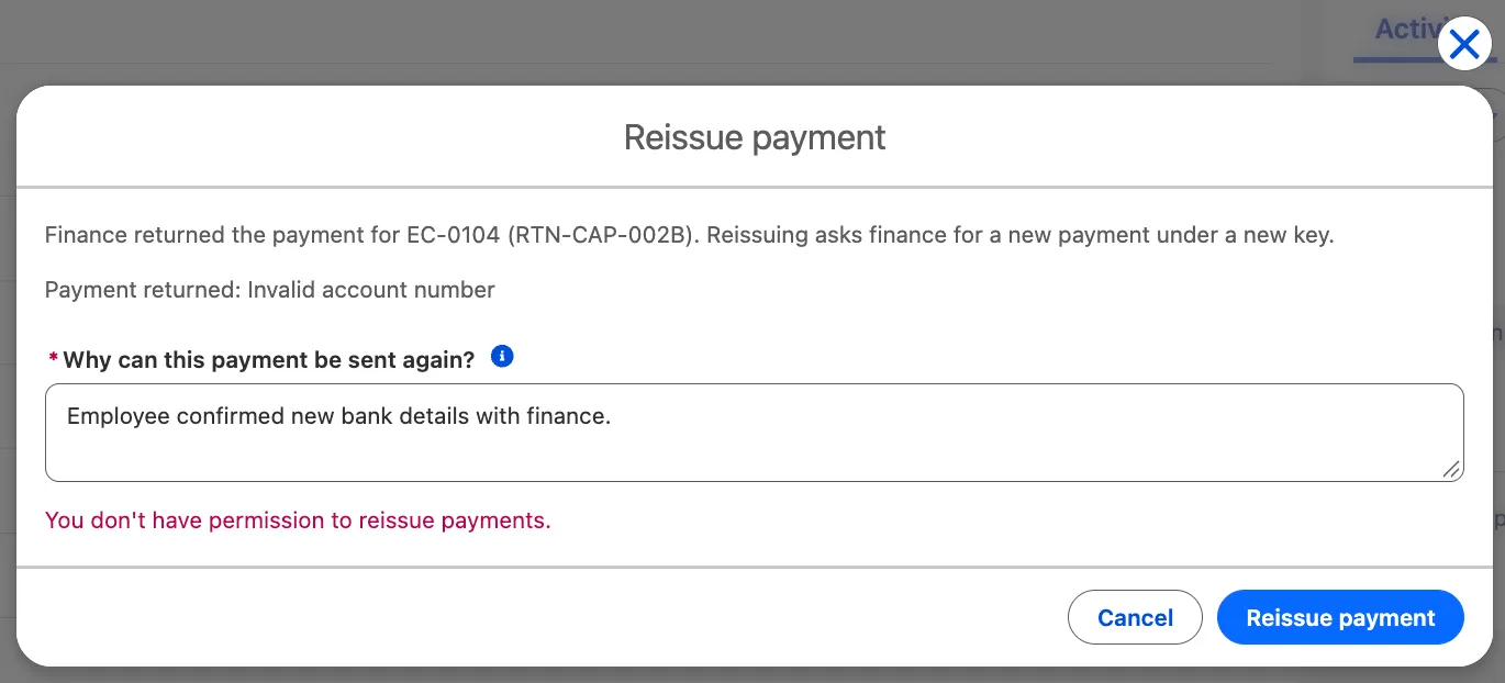 The Reissue payment action for claim EC-0104 after submitting without the Reimbursement Reissue permission. The modal is still open, the entered reason is kept, and a red message under it reads: You don't have permission to reissue payments.