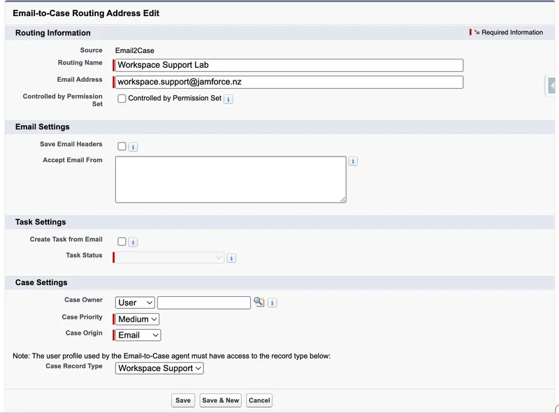 The Email-to-Case Routing Address Edit form before saving: Routing Name Workspace Support Lab, a test support address, Case Owner blank, Case Priority Medium, Case Origin Email, and Case Record Type Workspace Support