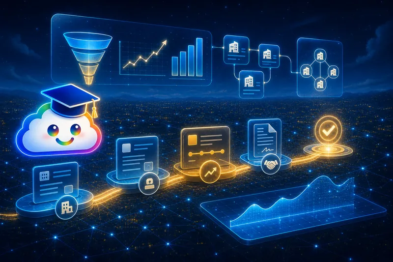 Jimmy Cloud beside a connected sales pipeline moving from account records through opportunity stages to forecasting and a won outcome