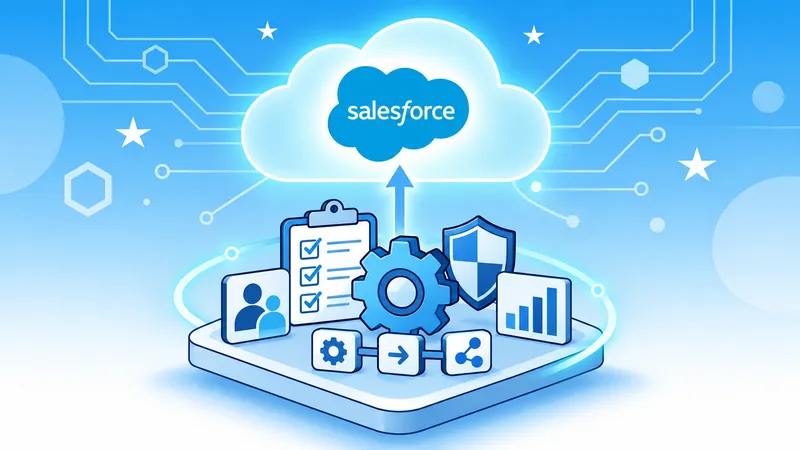 An administration workstation with configuration gears, user access, reporting and automation tools connected to the Salesforce cloud