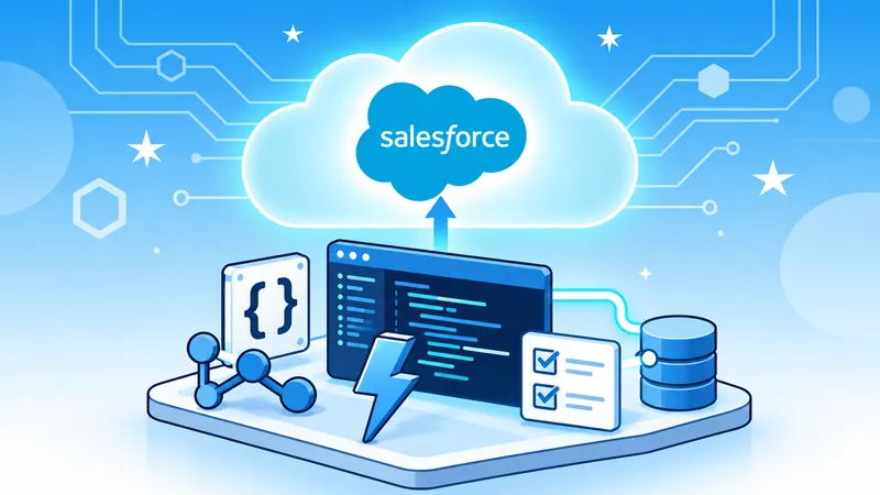 A development workstation with code, source control, testing and integration tools connected to the Salesforce cloud