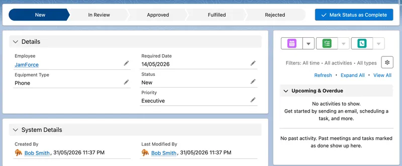 Equipment Request record with a status path from New to Rejected, editable details, and the activity panel