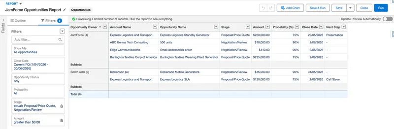 Report Builder preview of opportunities grouped by owner with filters for close date, stage, and amount