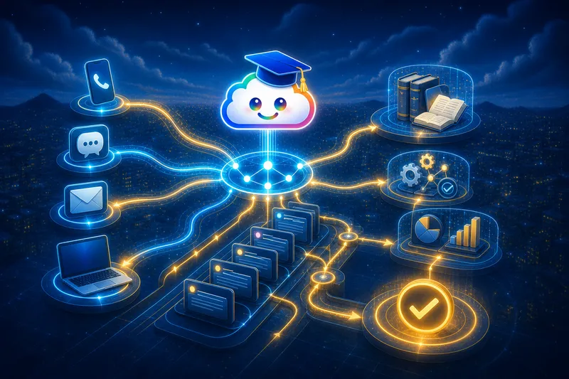 Jimmy Cloud above an omnichannel service flow that routes phone, chat, email, and web contacts into cases, knowledge, automation, analytics, and resolution