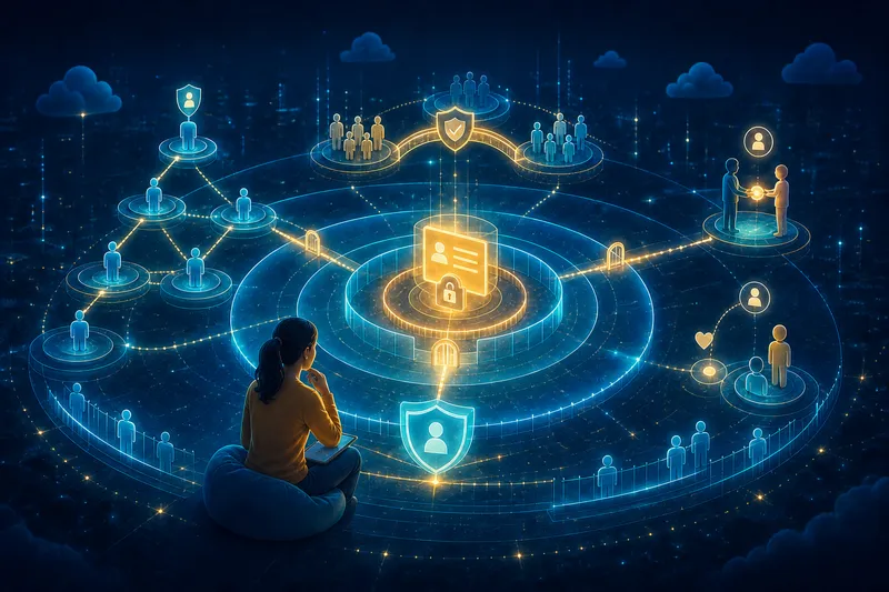 A learner studies nested access rings around a protected Salesforce record, with role hierarchy and sharing mechanisms shown as glowing paths