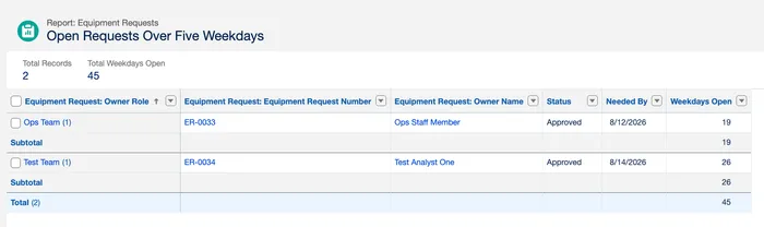 The Open Requests Over Five Weekdays report grouped by owner role, showing one request under Ops Team at 19 weekdays open and one under Test Team at 26, each subtotalled, with a total of two records and 45 weekdays
