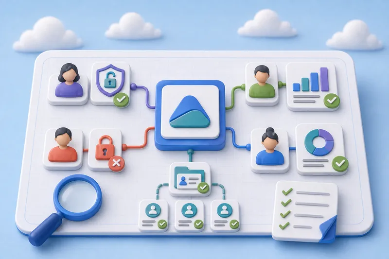 Four user personas test an app's permissions and record access while verified reports and a checked evidence sheet record the results