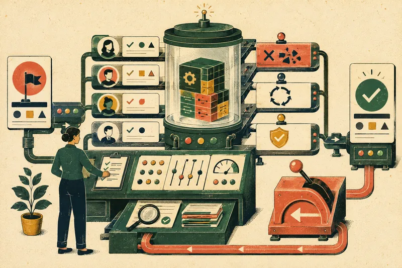An administrator tests a configuration in a quality rig with persona checks, failure paths, regression, validation, and rollback