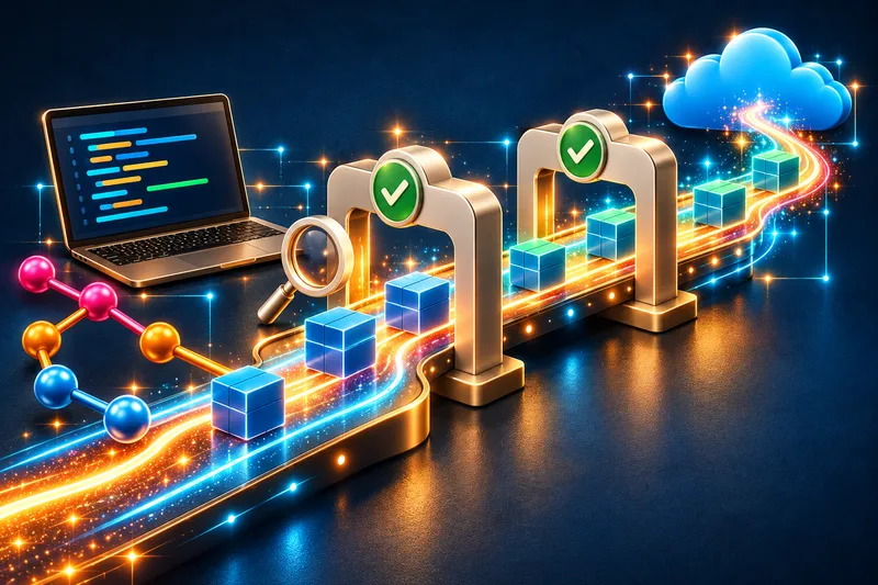 Source-control branches and package cubes follow a glowing path through validation gates towards a cloud