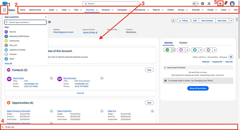 Annotated Lightning Account page identifying the App Launcher, app name, navigation bar, main workspace, utility bar, and Setup