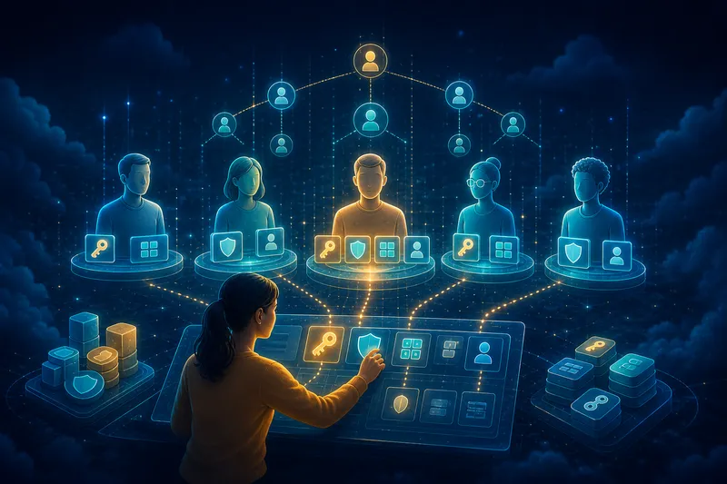 An administrator assigns keys, shields, app access, and identity permissions to users beneath a role hierarchy