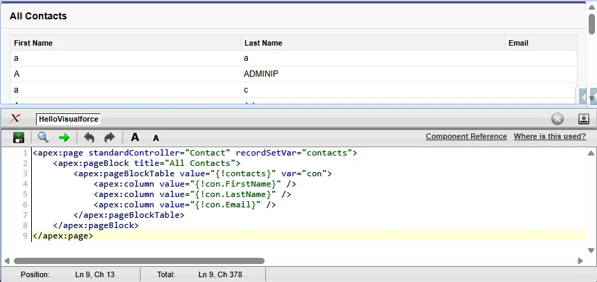 Visualforce Development Mode showing an All Contacts page above its editable HelloVisualforce markup