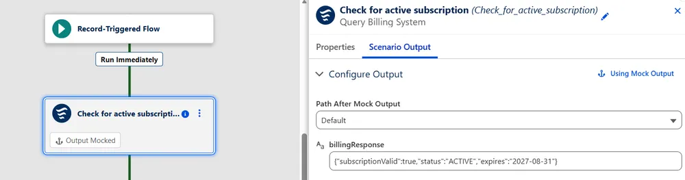 Flow Builder Test Mode showing the Check for active subscription Action configured with a mock billing response in the Scenario Output panel